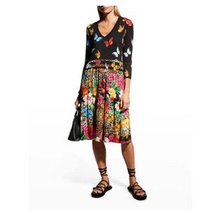 Johnny Was Sandra Multicolor Butterflies Floral Tiered V-Neck Dress 3/4 Sleeve S
